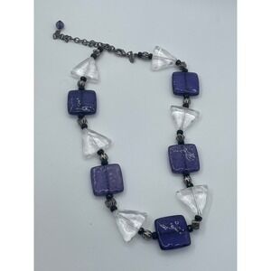 Chico's Purple Crackle Glass Statement Necklace Clear Geometric Beads Gunmetal
